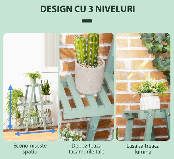 Outsunny Suport Plante Lemn de Brad 3 Nivele Verde Deschis pentru Interior Exterior 76x26x76cm | Aosom Romania