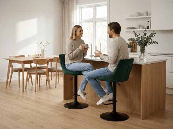Scaun de bar verde KAST VELVET cu picior negru