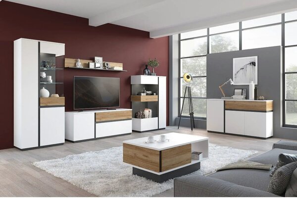 Comoda TV DUKE, alb/stejar, PAL laminat, 160x40x63 cm