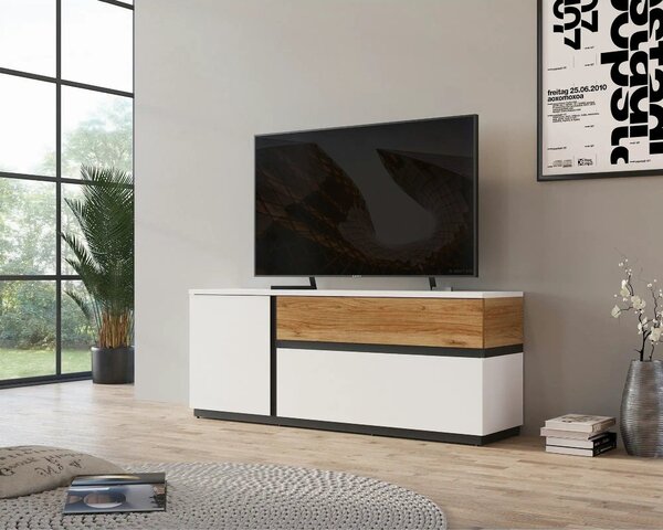 Comoda TV DUKE, alb/stejar, PAL laminat, 160x40x63 cm