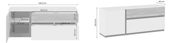 Comoda TV DUKE, alb/stejar, PAL laminat, 160x40x63 cm