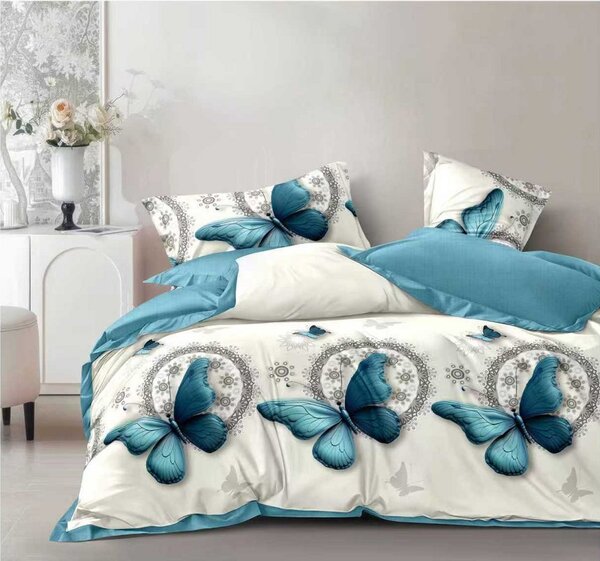 Lenjerie de pat Finet 6 piese cu cearceaf tip husă- Blue Butterfly