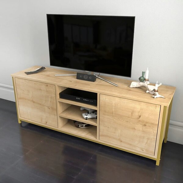 Comoda TV OTIS, stejar/auriu, PAL melaminat, 140x35x51 cm