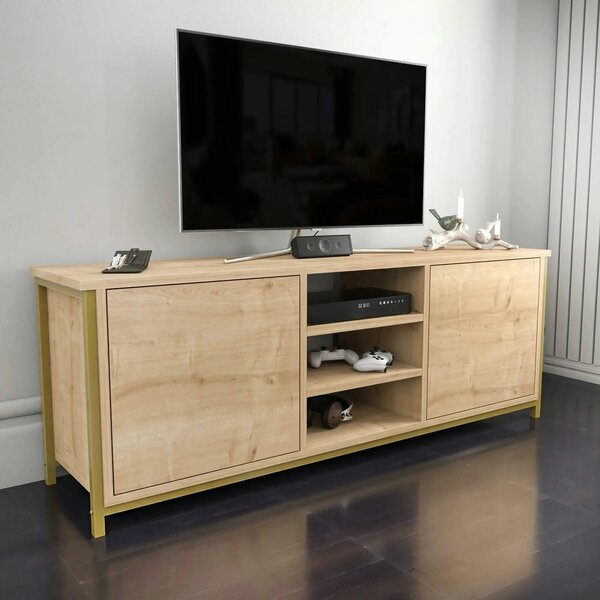 Comoda TV OTIS, stejar/auriu, PAL melaminat, 140x35x51 cm