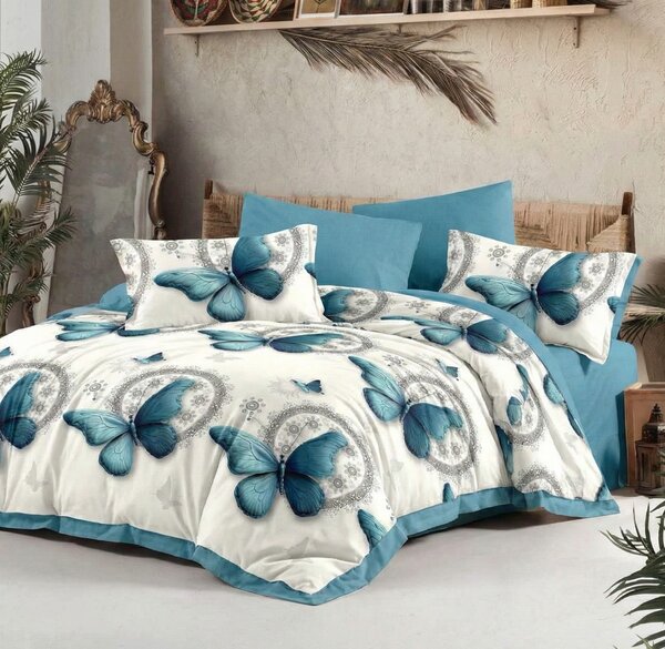 Lenjerie de pat Finet 6 piese cu cearceaf tip husă- Blue Butterfly