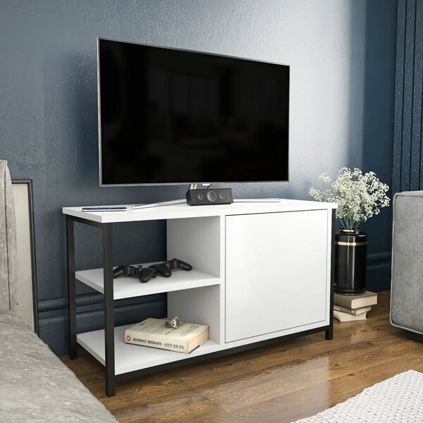 Comoda TV MUSKEGON, alb/negru, PAL melaminat/metal, 90x35x51 cm