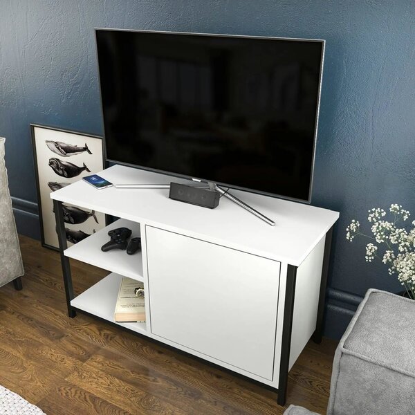 Comoda TV MUSKEGON, alb/negru, PAL melaminat/metal, 90x35x51 cm