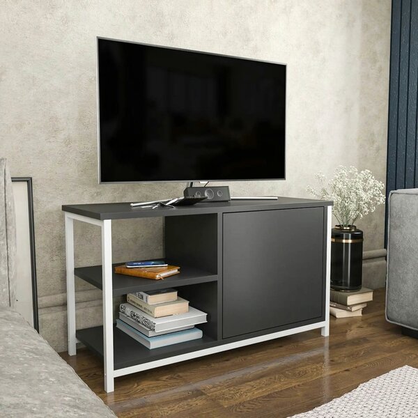 Comoda TV MUSKEGON, alb/gri antracit, PAL melaminat/metal, 90x35x51 cm