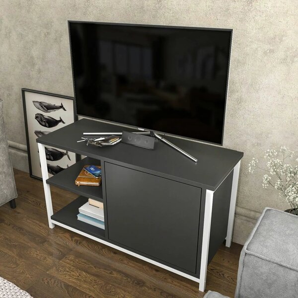 Comoda TV MUSKEGON, alb/gri antracit, PAL melaminat/metal, 90x35x51 cm