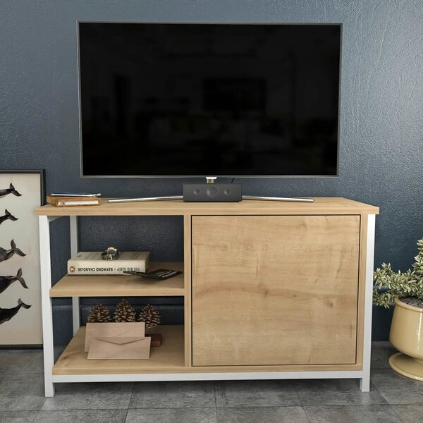 Comoda TV MUSKEGON, stejar/alb, PAL melaminat/metal, 90x35x51 cm