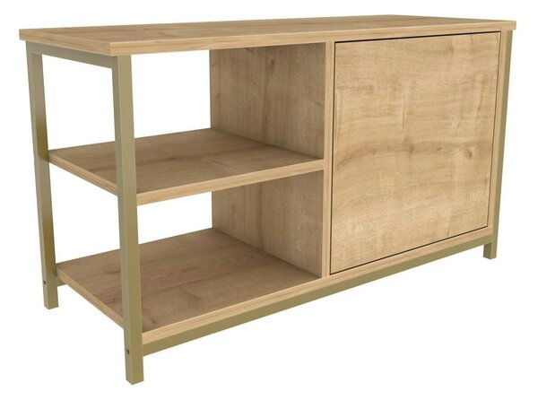Comoda TV MUSKEGON, auriu/stejar, PAL melaminat/metal, 90x35x51 cm