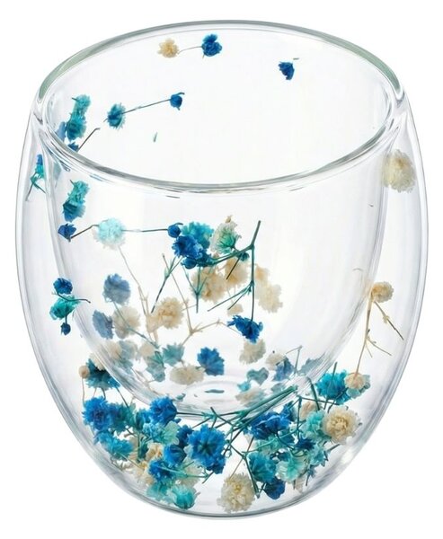 Pahar cu inserție de flori uscate, floarea miresei alb și albastru, pereți dubli, sticlă borosilicată, 250 ml, Aurora Bloom
