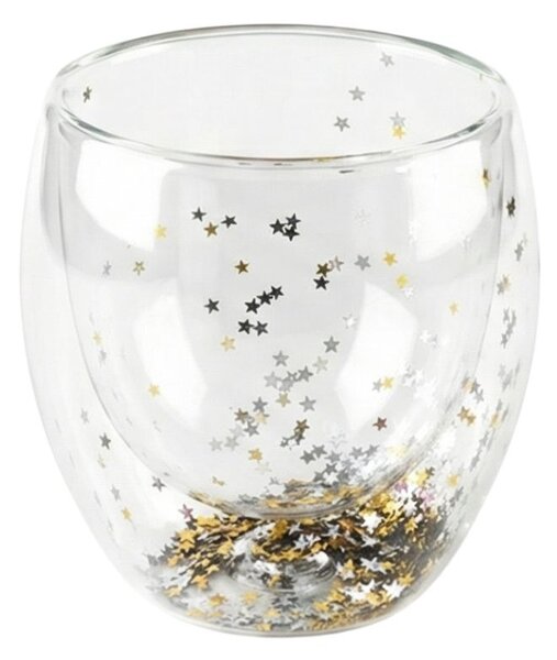 Pahar cu inserție de confetti steluțe gri și auriu, pereți dubli, sticlă borosilicată, 250 ml, Aurora Glow