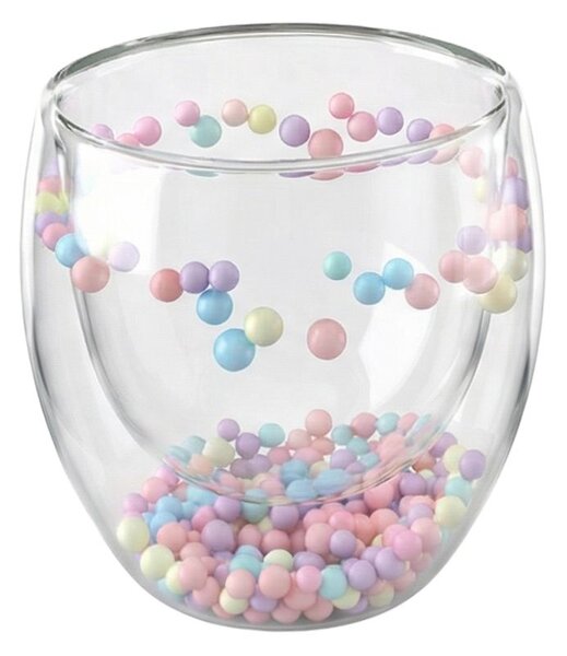 Pahar cu inserție de biluțe colorate pastel, pereți dubli, sticlă borosilicată, 250 ml, Aurora Bloom