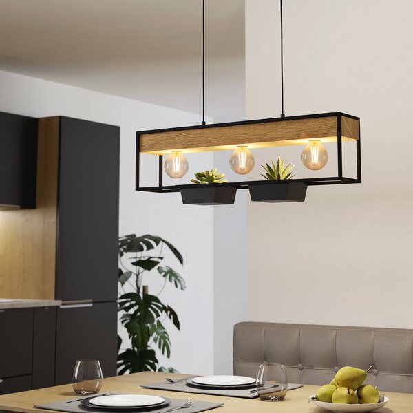 EGLO Lampă suspendată Libertad 1, lungime 76 cm, negru/lemn, 3 lumini., reglabil, Negru, Camera de zi / sufragerie, Metal, Modern