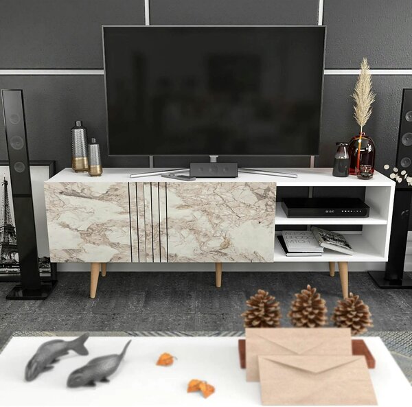 Comoda TV RONAS, alb cu efect de marmura, PAL melaminat, 160x35x39 cm