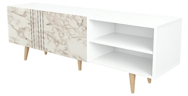 Comoda TV RONAS, alb cu efect de marmura, PAL melaminat, 160x35x39 cm