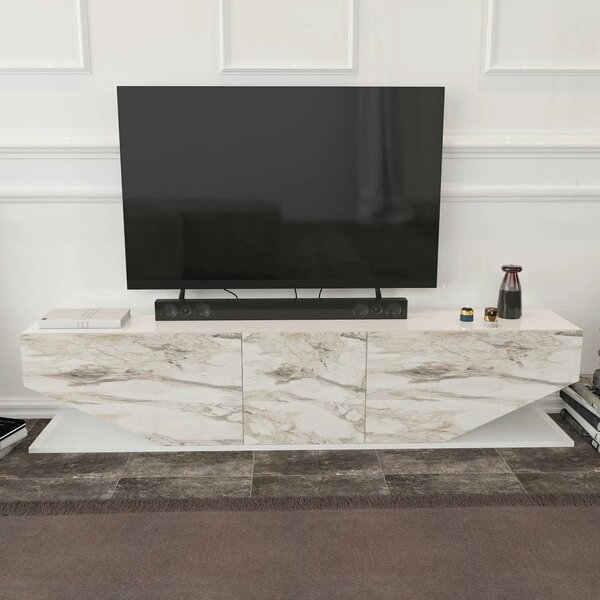Comoda TV INCI, alb cu efect de marmura, PAL melaminat, 180x30x45 cm