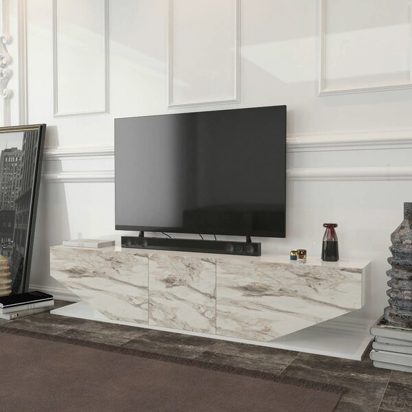 Comoda TV INCI, alb cu efect de marmura, PAL melaminat, 180x30x45 cm