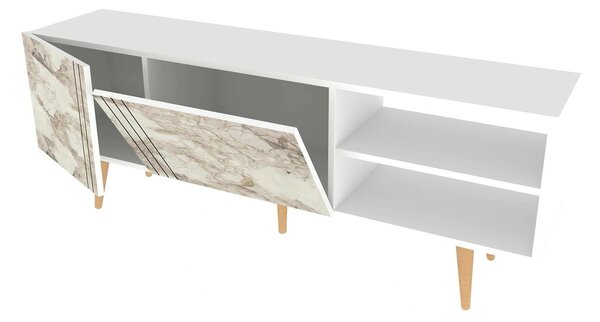 Comoda TV RONAS, alb cu efect de marmura, PAL melaminat, 160x35x39 cm