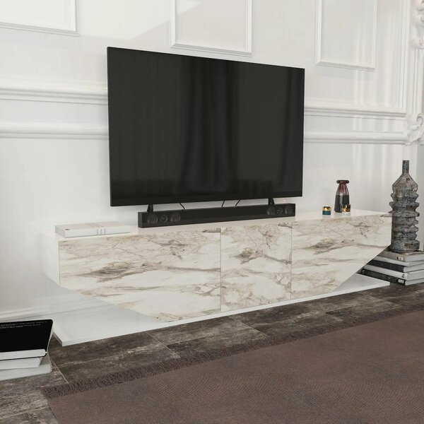 Comoda TV INCI, alb cu efect de marmura, PAL melaminat, 180x30x45 cm