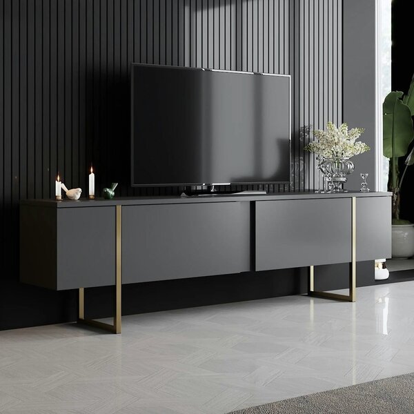 Comoda tv cu usi LUXE, gri antracit/auriu, PAL/metal, 180x50x30 cm