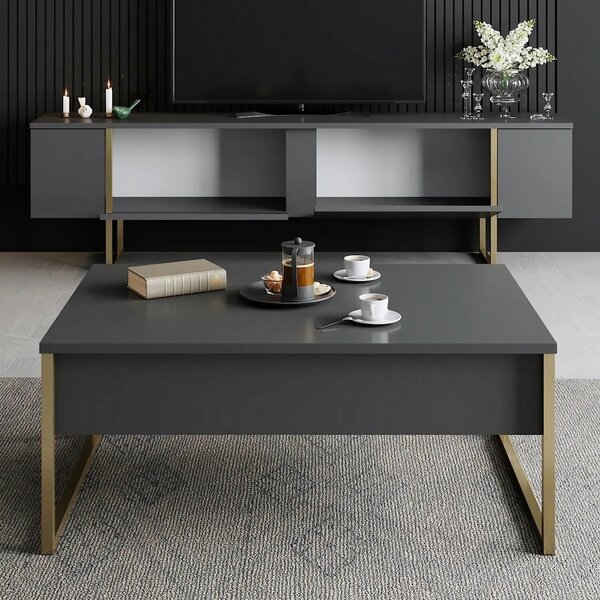 Comoda tv cu usi LUXE, gri antracit/auriu, PAL/metal, 180x50x30 cm