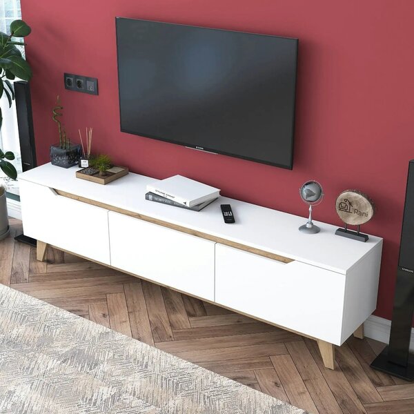 Comoda TV, alb/stejar, PAL, 180x35x49 cm