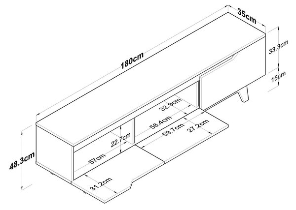 Comoda TV, alb/stejar, PAL, 180x35x49 cm