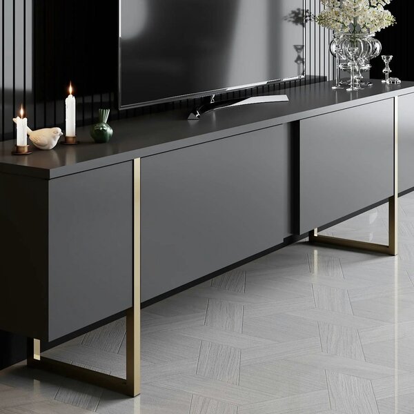 Comoda tv cu usi LUXE, gri antracit/auriu, PAL/metal, 180x50x30 cm