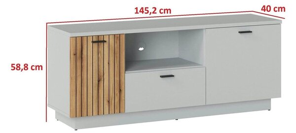 Comoda TV VERO, alb/stejar, PAL laminat, 145x40x59 cm