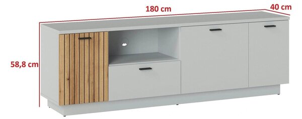 Comoda TV VERO, alb/stejar, PAL laminat, 180x40x59 cm