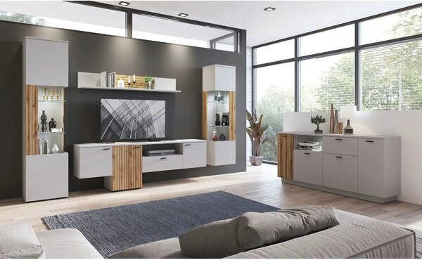 Comoda TV VERO, alb/stejar, PAL laminat, 160x40x69 cm