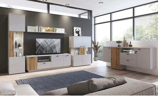 Comoda TV VERO, alb/stejar, PAL laminat, 180x40x59 cm