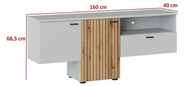 Comoda TV VERO, alb/stejar, PAL laminat, 160x40x69 cm