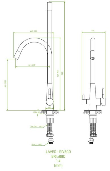 Laveo Riveco, baterie înaltă pentru chiuvetă cu braț flexibil și filtru de apă, auriu mat-negru, LAV-BRI_G68D