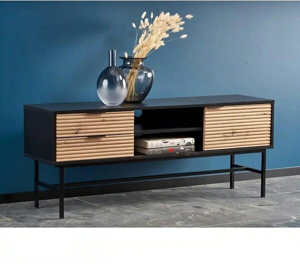 Comoda TV MURANO, stejar artisan/negru, PAL/metal, 150x40x61 cm