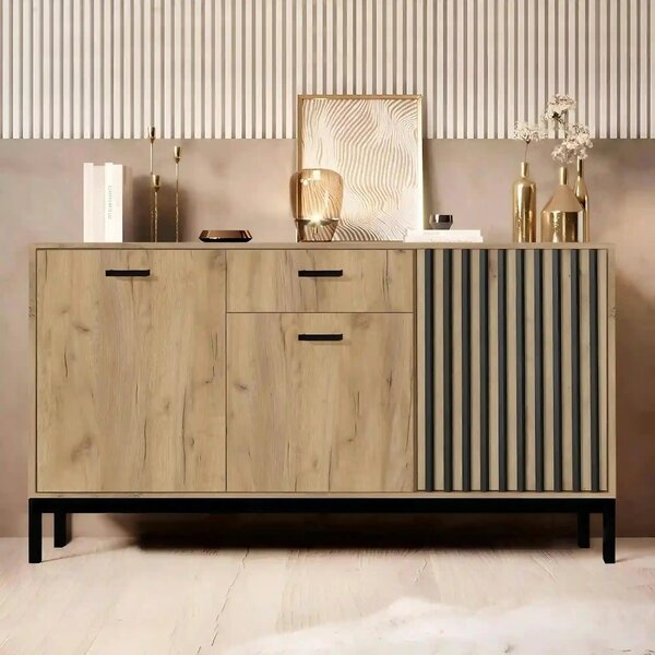 Comoda LAMINO KM-1, stejar/negru, PAL laminat/polipropilena, 154x40x84