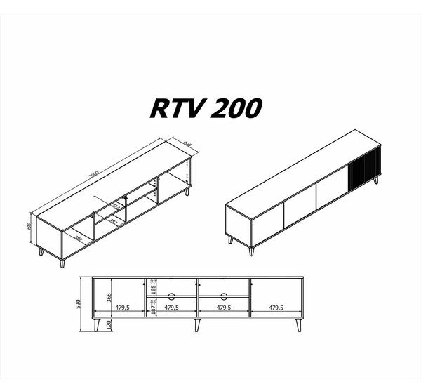 Comoda TV RANDOM 2 RTV-3, casmir/nuc/negru, PAL furniruit, 200x40x52 c