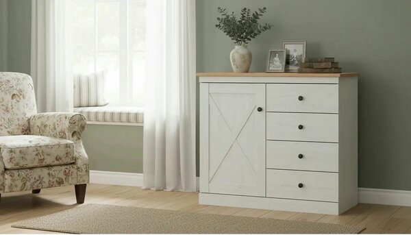 Comoda FRIJA, alb pin andersen/stejar artisan, PAL melaminat, 153x44x9