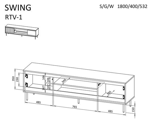 Comoda TV SWING RTV-1, nuc/negru, PAL laminat/metal, 180x40x53 cm