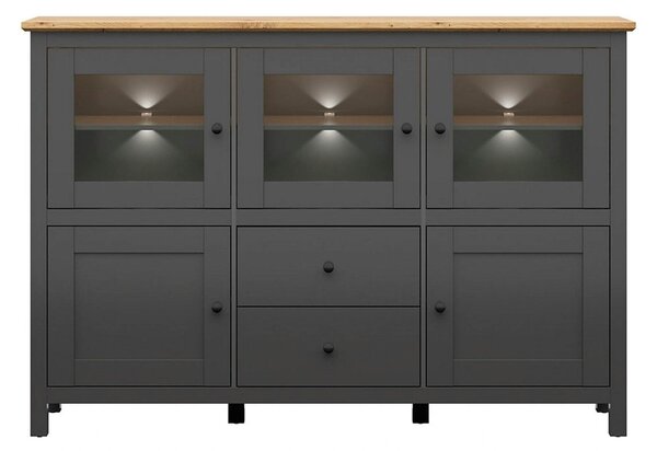 Comoda HESEN, gri grafit/stejar artisan, PAL melaminat/sticla, cu ilum