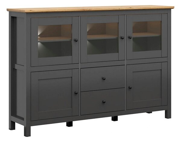 Comoda HESEN, gri grafit/stejar artisan, PAL melaminat/sticla, cu ilum