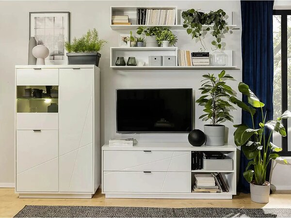 Comoda TV FORN, alb lucios, PAL, 156x43x61 cm