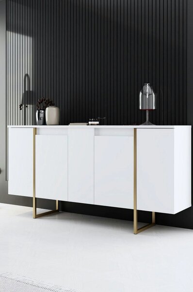 Comoda alba ingusta LUXE, PAL melaminat/metal, 160x35x80 cm