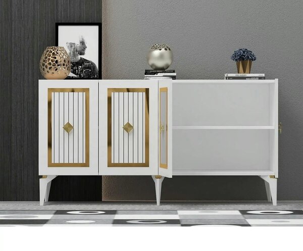 Comoda NORA, alb/auriu, PAL melaminat, 150x40x79 cm