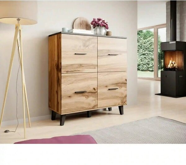 Comoda LOTTA, stejar wotan/negru, PAL, cu 4 usi, 110x45x119 cm