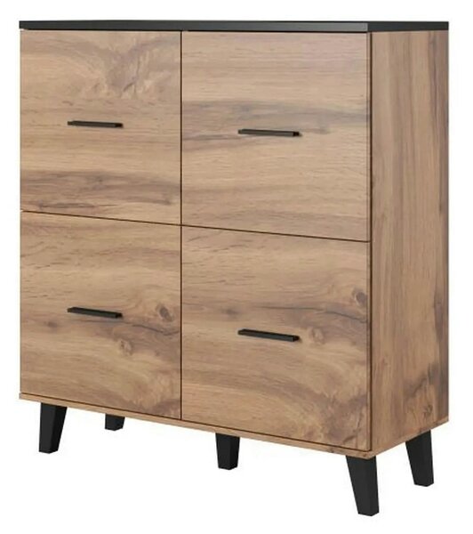 Comoda LOTTA, stejar wotan/negru, PAL, cu 4 usi, 110x45x119 cm