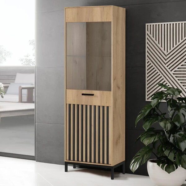 Vitrina LAMINO W-1, stejar craft/negru, PAL laminat/polipropilena, 54x