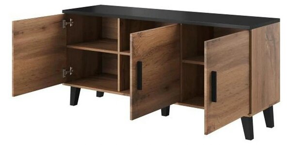Comoda LOTTA, stejar wotan/negru, PAL, cu 3 usi, 150x45x69 cm